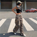 Women's Y2K camouflage cargo pants by FitiqueFit, featuring a relaxed casualwear style with a trendy camouflage pattern.
