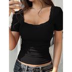 Women's Y2K lace trim slim fit U-neck short sleeve casual tee by FitiqueFit, featuring delicate lace accents and a fitted silhouette.