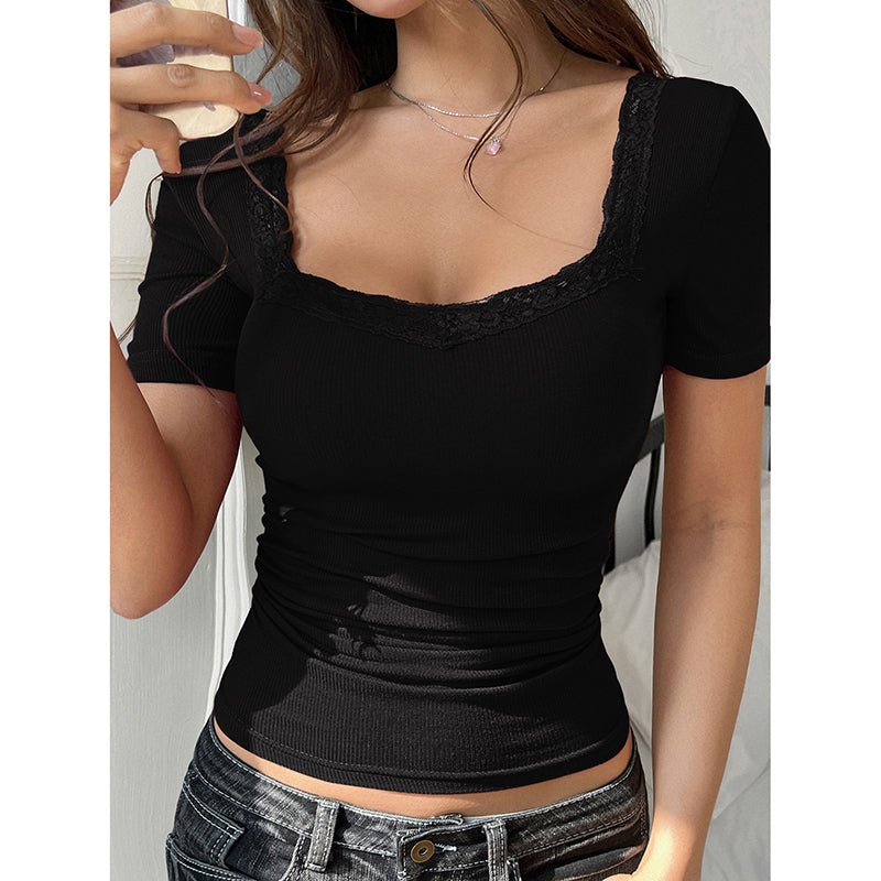 Women's Y2K lace trim slim fit U-neck short sleeve casual tee by FitiqueFit, featuring delicate lace accents and a fitted silhouette.