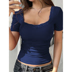 Women’s Y2K lace trim slim fit tee by FitiqueFit, casual U-neck short sleeve top with delicate lace details.
