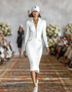 Women's slim fit pencil dress by FitiqueFit featuring a zip front, mid-rise bodycon style, perfect for casual wear.