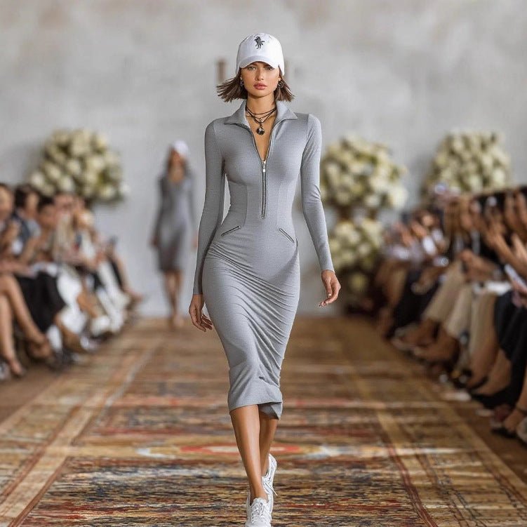 Women's FitiqueFit zip-front slim fit pencil dress with mid-rise bodycon style, showcasing a sleek casualwear look.