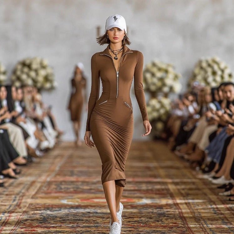Women's FitiqueFit zip-front slim fit pencil dress with mid-rise bodycon silhouette, casualwear style, shown in a close-up view.