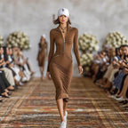 Women's FitiqueFit zip-front slim fit pencil dress with mid-rise bodycon silhouette, casualwear style, shown in a close-up view.