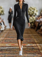 Women's FitiqueFit zip front slim fit pencil dress with mid-rise bodycon design, casualwear style, shown on a model.