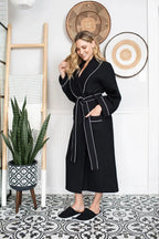 Women’s lightweight waffle piping bathrobe by Lotus Linen, featuring spa-style comfort and soft, breathable fabric.