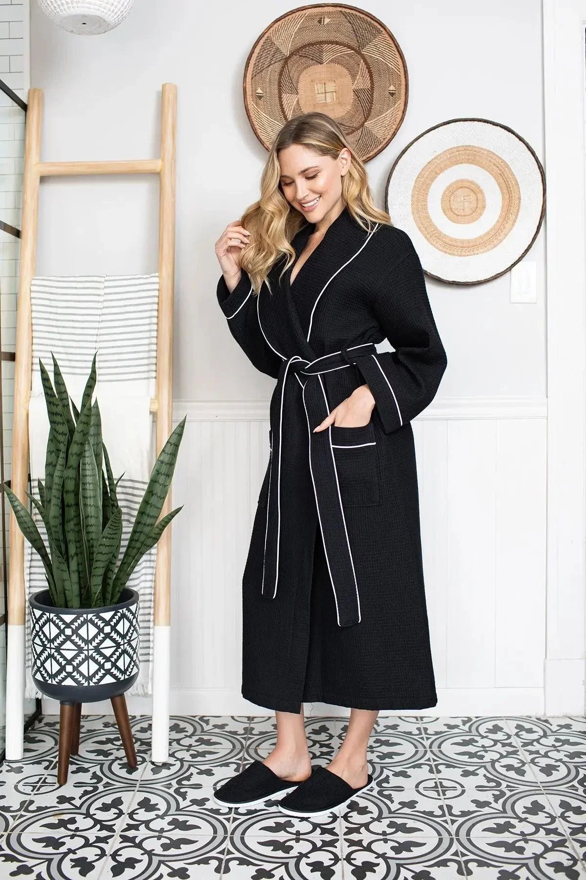 Women’s lightweight waffle piping bathrobe by Lotus Linen, featuring spa-style comfort and soft, breathable fabric.