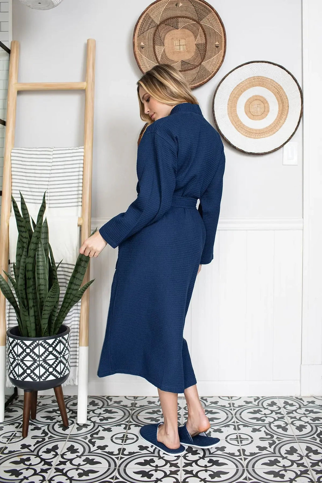 Women’s Lotus Linen waffle robe, lightweight quick-dry spa comfort robe with soft texture, ideal for relaxing and lounging.