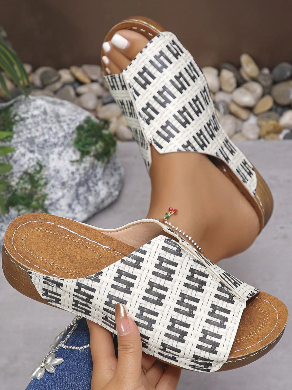 Women's woven platform wedge sandals by Plush Fashion Hub featuring a stylish summer design and comfortable wedge heel.