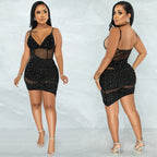Women’s hot diamond irregular sling dress for nightclub wear, stylish evening dress in black with sparkling details.