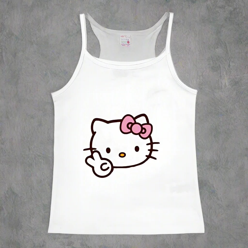Vintage Y2K Hello Kitty crop top by FitiqueFit featuring punk-inspired design, casualwear for emo girls, colorful graphic tank top.