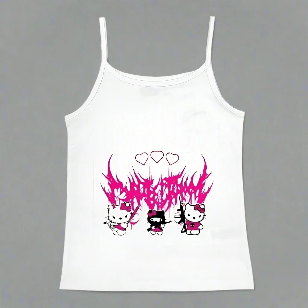 Y2K Hello Kitty crop top by FitiqueFit, vintage punk tank top featuring Hello Kitty design, casualwear for emo girls.