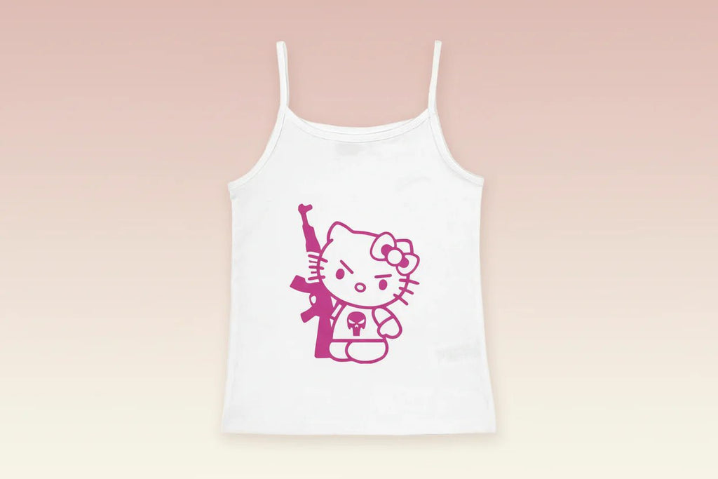 Y2K Hello Kitty crop top by FitiqueFit, casual vintage punk tank top featuring Hello Kitty graphic for emo girl fashion.