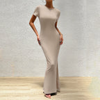 Elegant solid color slim fit round neck women's dress by Trendy Attic Store01, shown in a stylish and flattering fit.