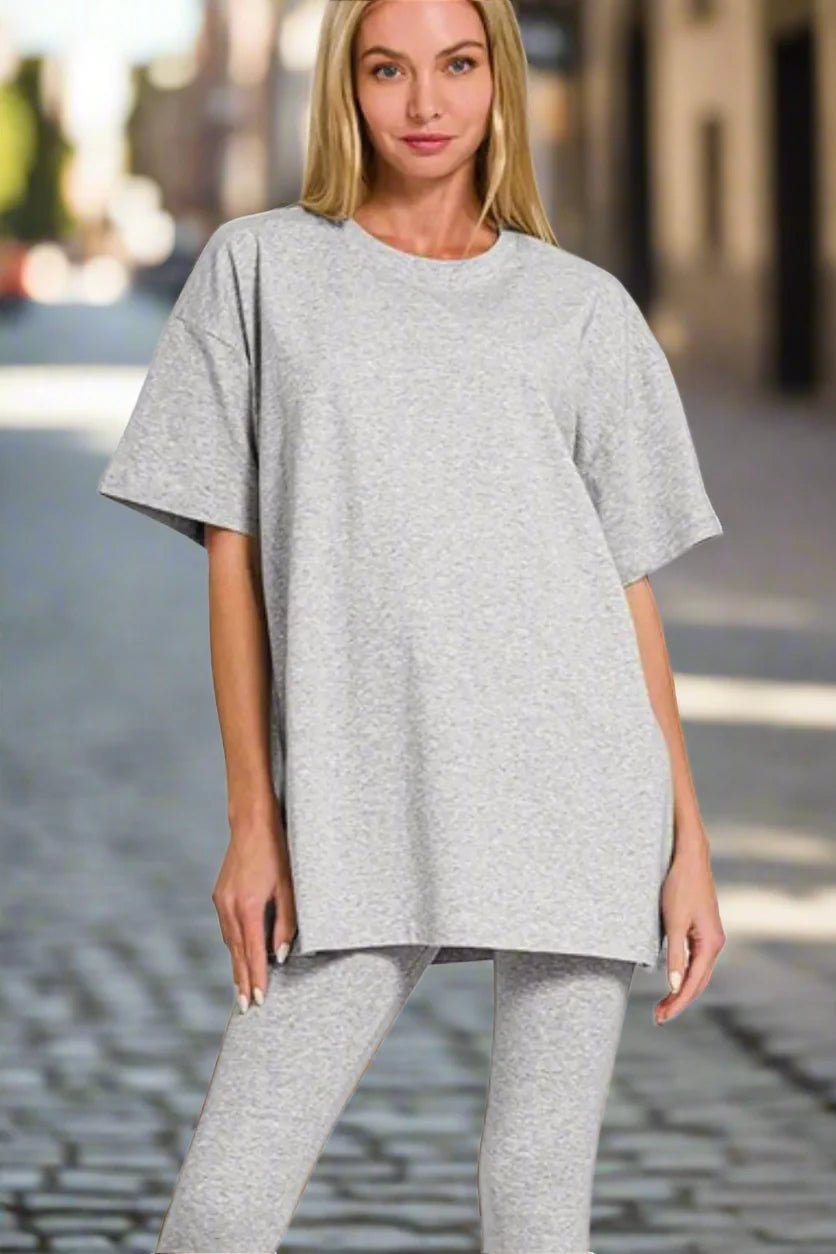 Zenana cotton round neck top and matching leggings set, casualwear by FitiqueFit, featuring comfortable fabric and relaxed fit.