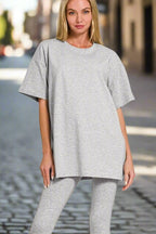 Zenana cotton round neck top and matching leggings set, casualwear by FitiqueFit, featuring comfortable fabric and relaxed fit.