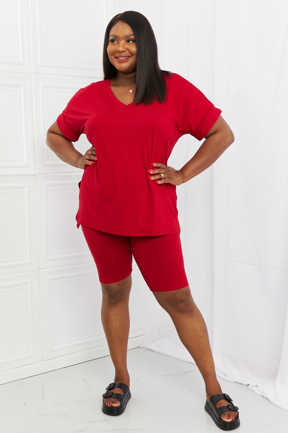 Burgundy brushed V-neck lounge top and biker shorts set for women, plush fabric, comfortable casual wear from Plush Fashion Hub