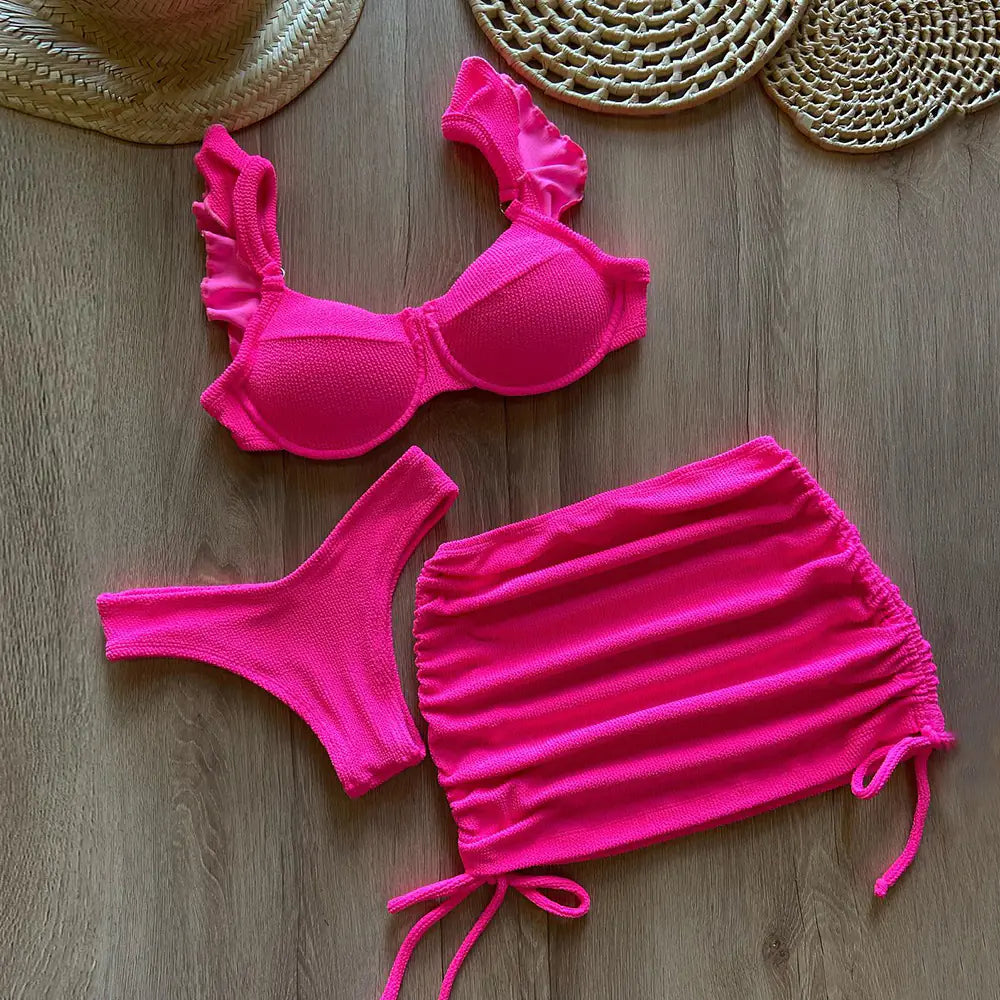 Women's solid color three-piece bikini set with top, bottom, and cover-up from Trendy Attic Store01, ideal for swimming and beachwear.